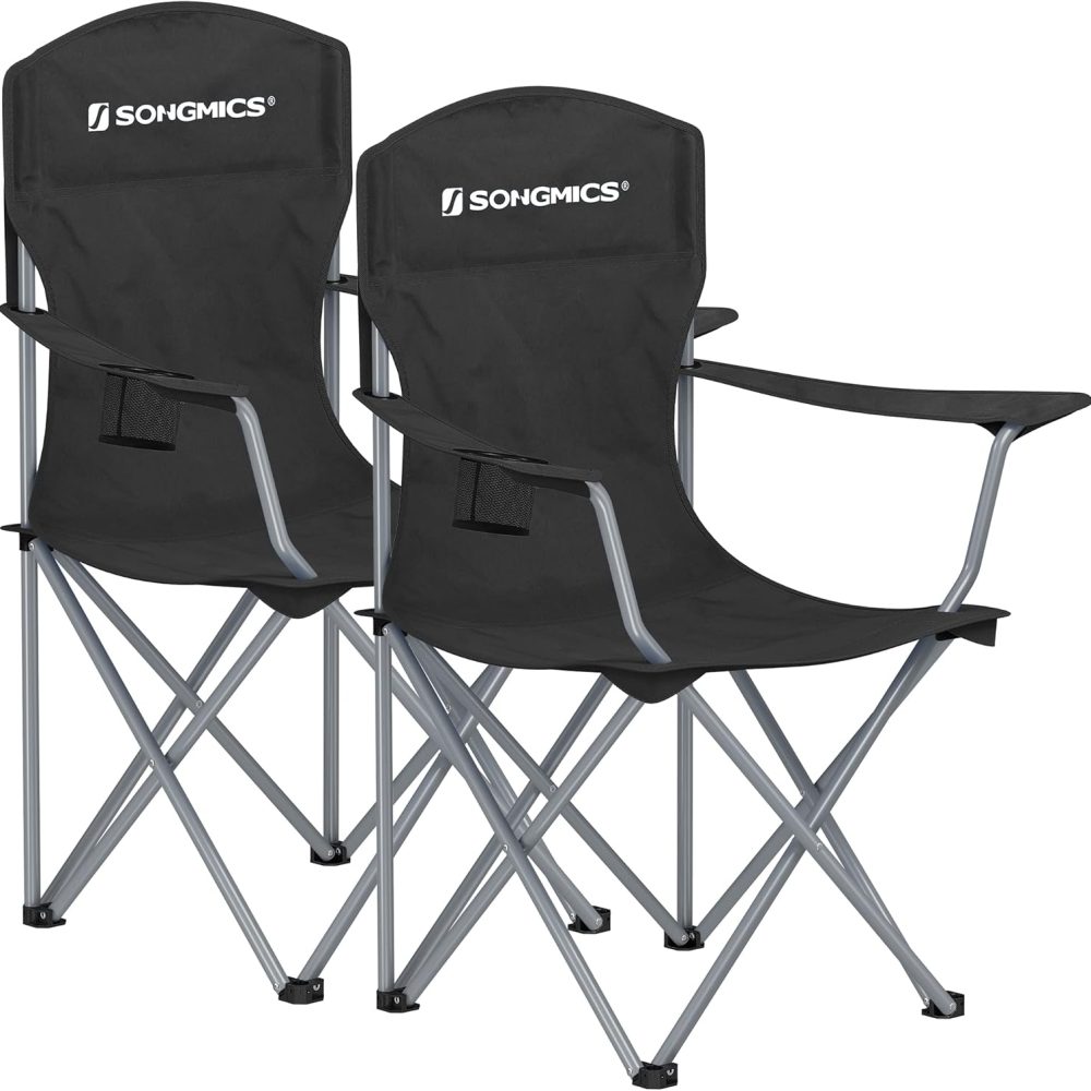 SONGMICS 2 Pack Folding Camping Chairs, Load 330 lb, Cup Holder and High Backrest, Heavy-Duty Structure, for Lawn, Garden, Fishing, Terrace